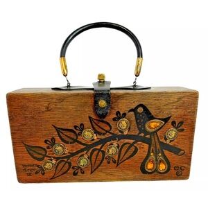 Enid Collins Wooden Purse Box Bag Money Tree IX MCM Mirror Jewels Coins 1964